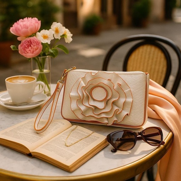 White Ruffle Flower Clutch Wristlet Coquette Cottagecore Girly Purse - Picture 2 of 9